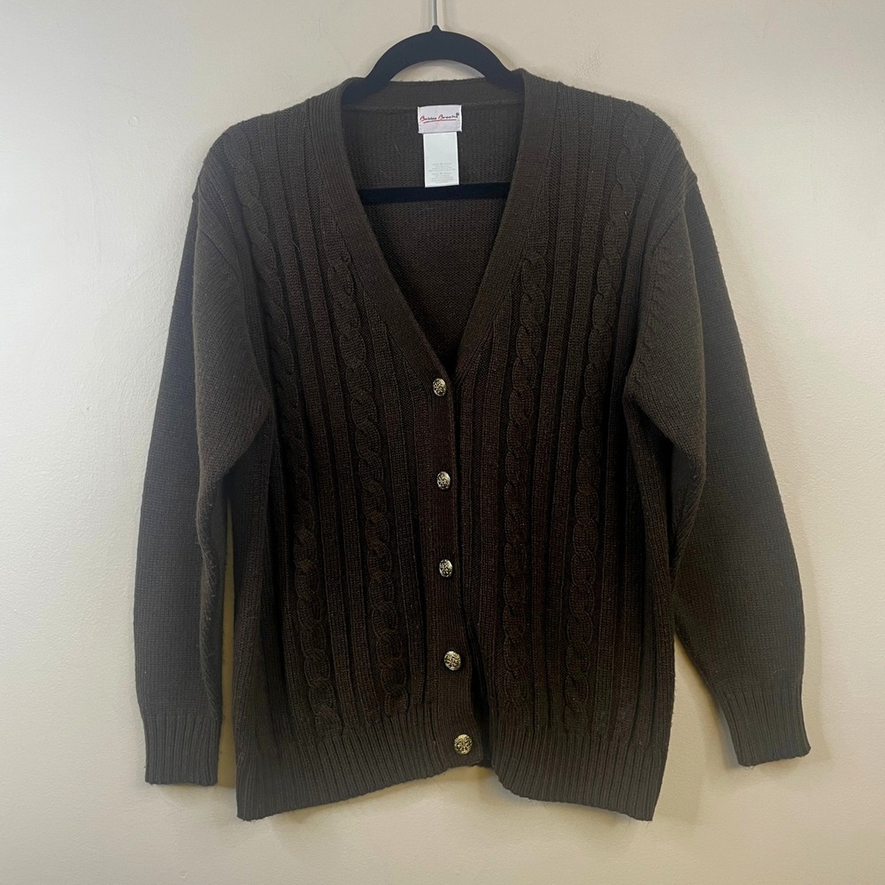 Vintage Cable Knit Cardigan Womens Medium Brown Neutral Academia Button Up Comfy